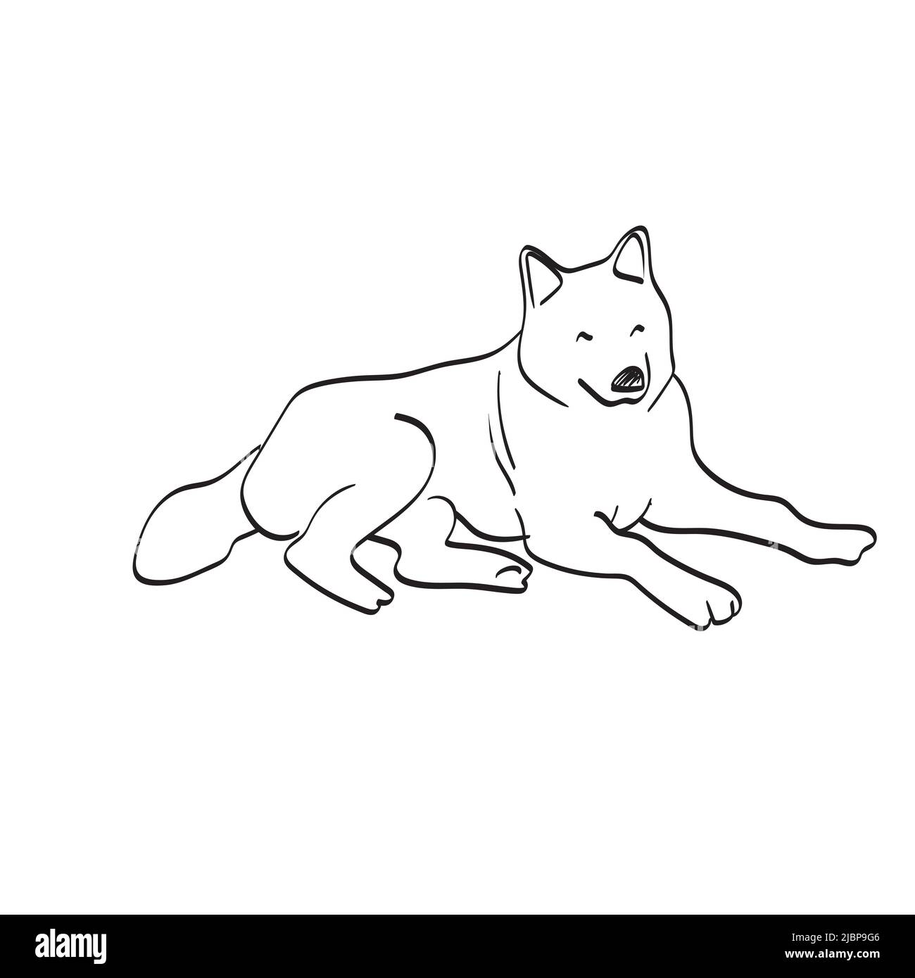 dog laying down on the ground illustration vector hand drawn isolated on white background line art. Stock Vector