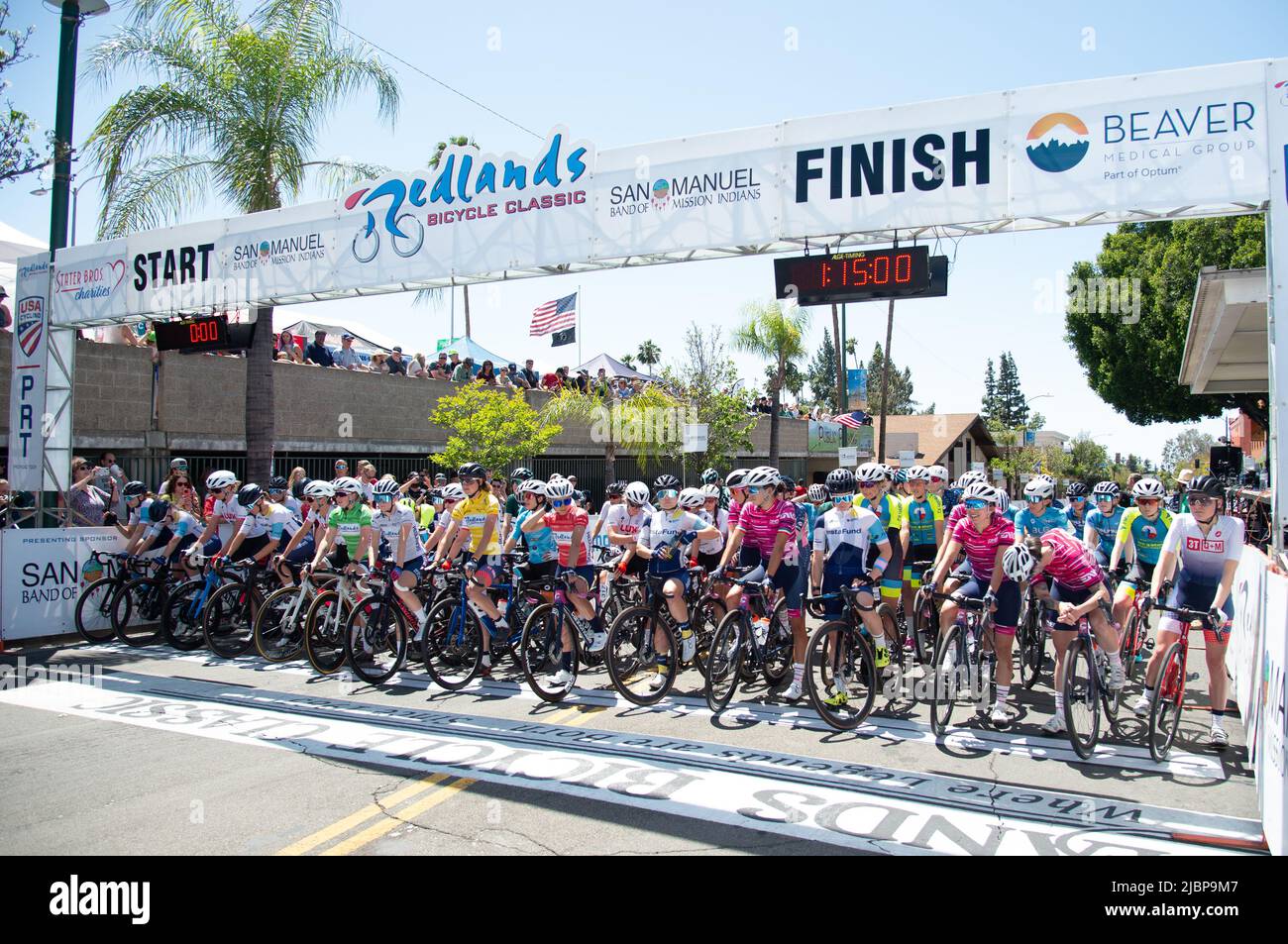 The start of the women's criterium, Stage 4 of the 2022 Redlands Classic Stage Race. Stock Photo