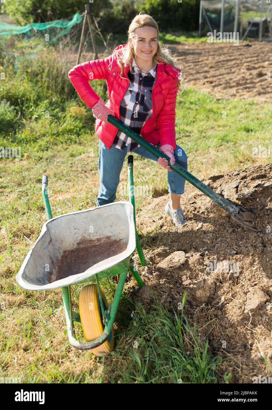 Woman farmer loading garden wheelbarrow with manure Stock Photo - Alamy