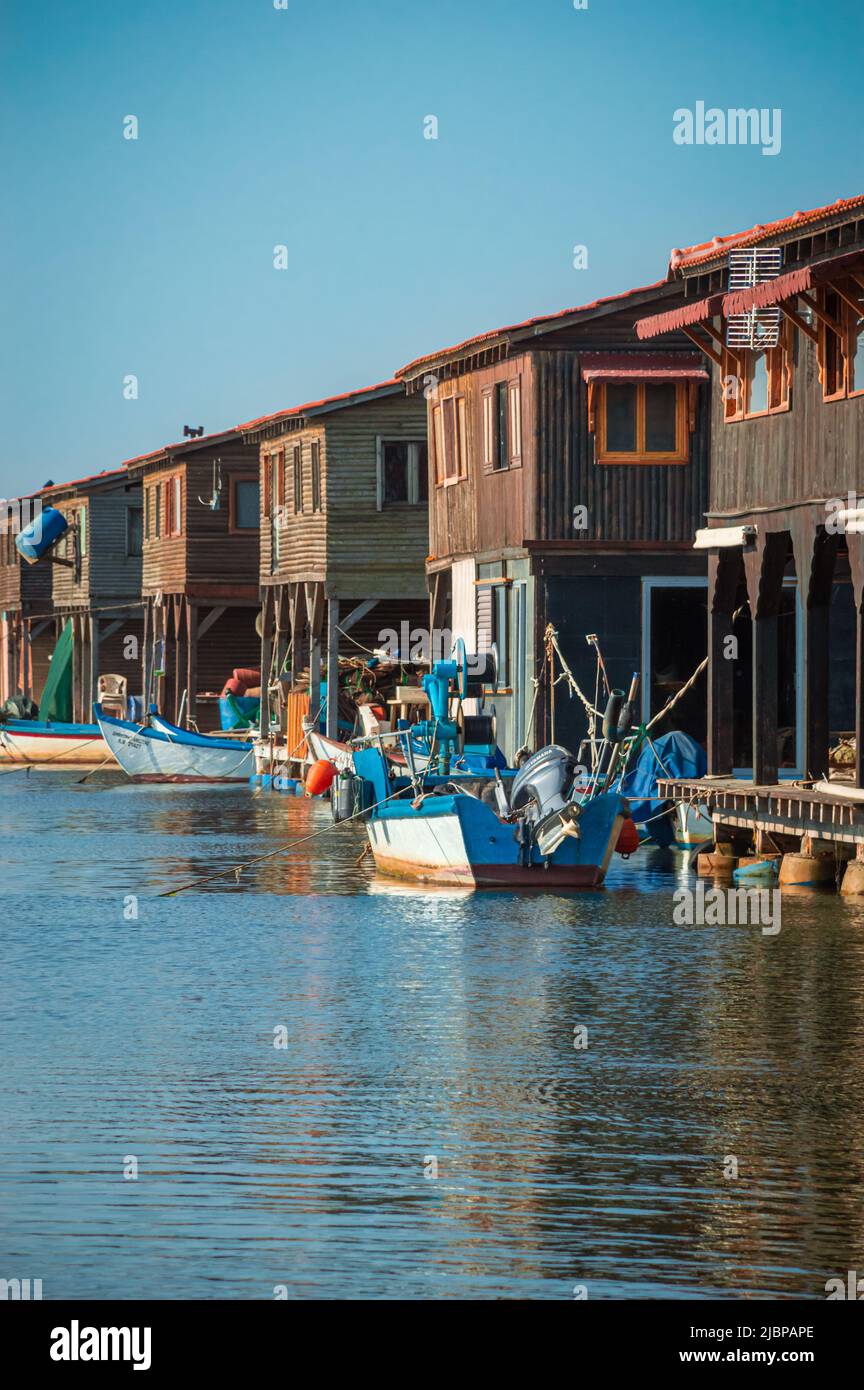 Fisherman huts , seahouses at Axios river delta Stock Photo