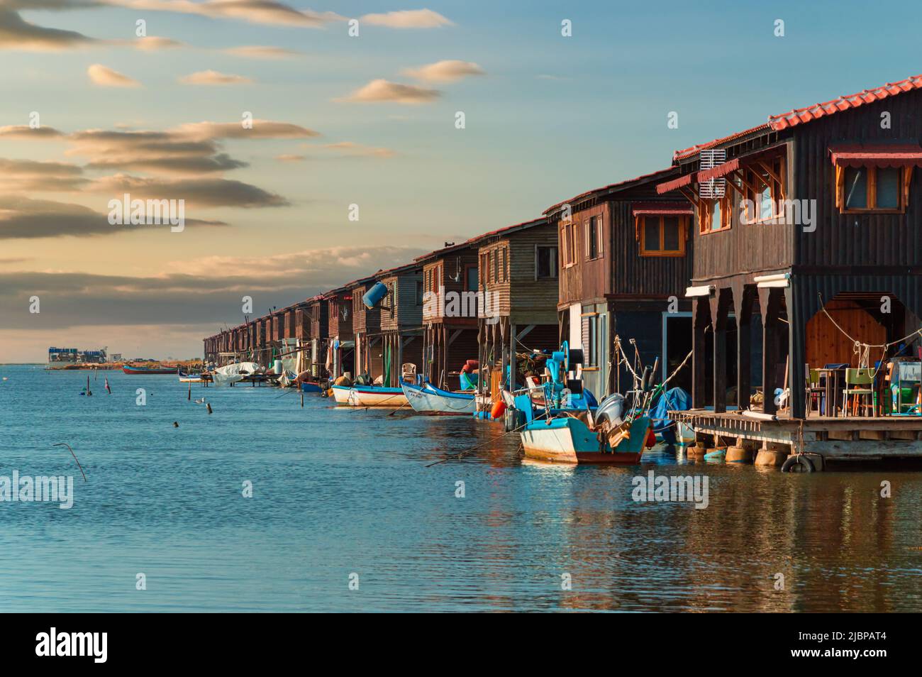 Fisherman huts , seahouses at Axios river delta Stock Photo