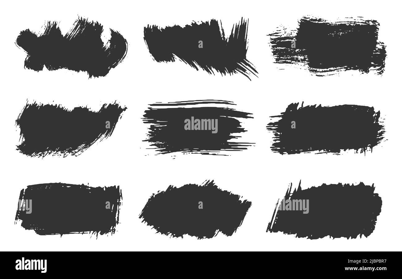 Wide ink smudge stain bristle rough brush black set. Dry texture bristle paper sponge print graffiti grunge ink blot stamp smudged crossed out chaotic paint stroke backdrop txt abstract shape isolated Stock Vector