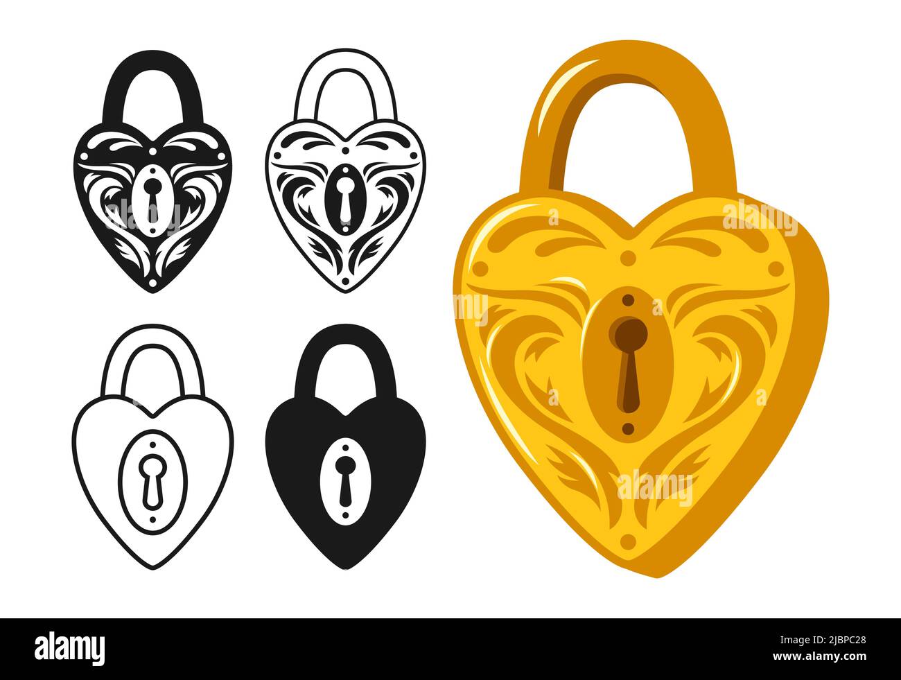 Lock heart shaped golden old icon set. Padlock for safety security ...