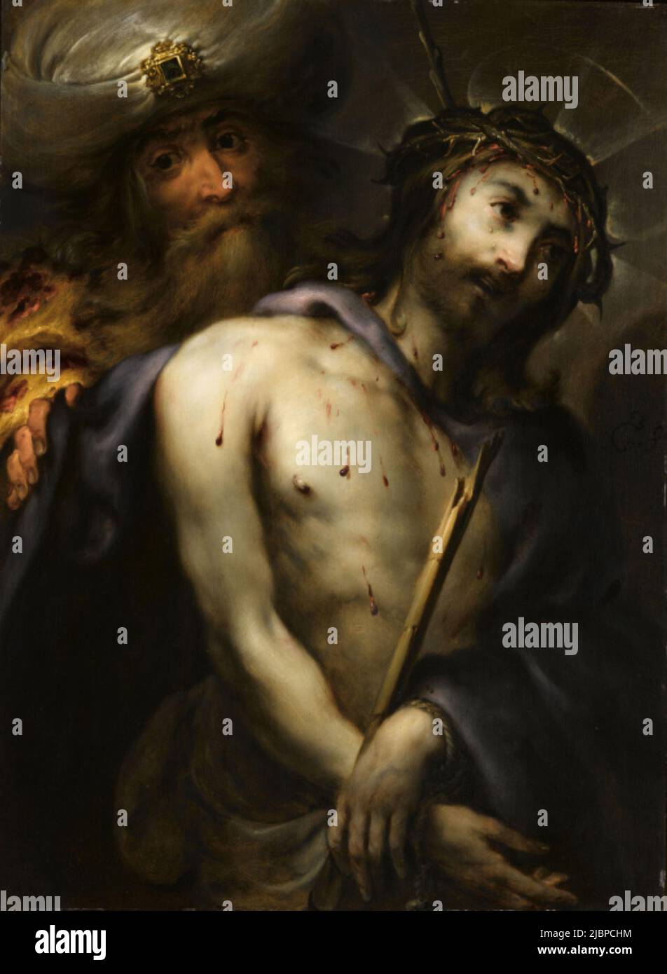 Ecce Homo by Jan Cossiers (1600-1671). The painting depicts the moment when Pontius Pilate presents a beaten and whipped Jesus to the crowd with the words Ecce Homo (Behold the man). Jesus has the crown of thorns on his head and a red or purple robe (to mock the claim to be king of the jews). Stock Photo