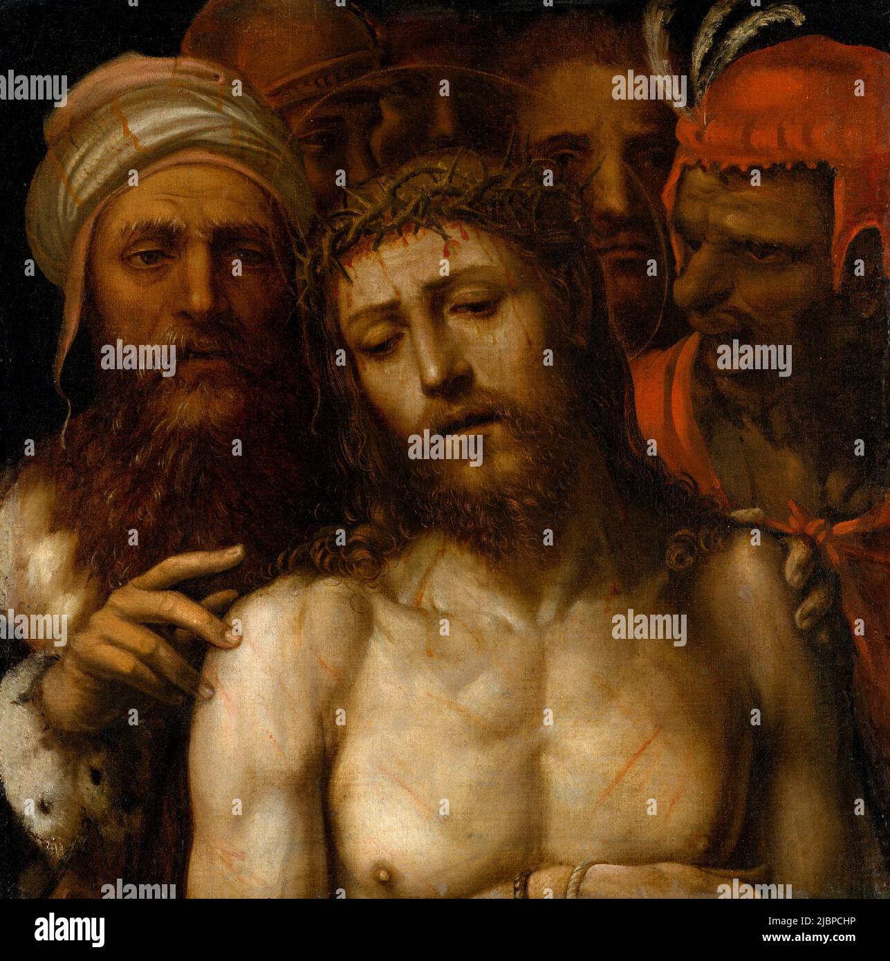 Christ Presented to the People (Ecce Homo) by Il Sodoma  (1477–1549) . The painting depicts the moment when Pontius Pilate presents a beaten and whipped Jesus to the crowd with the words Ecce Homo (Behold the man). Jesus has the crown of thorns on his head and a red or purple robe (to mock the claim to be king of the jews). Stock Photo