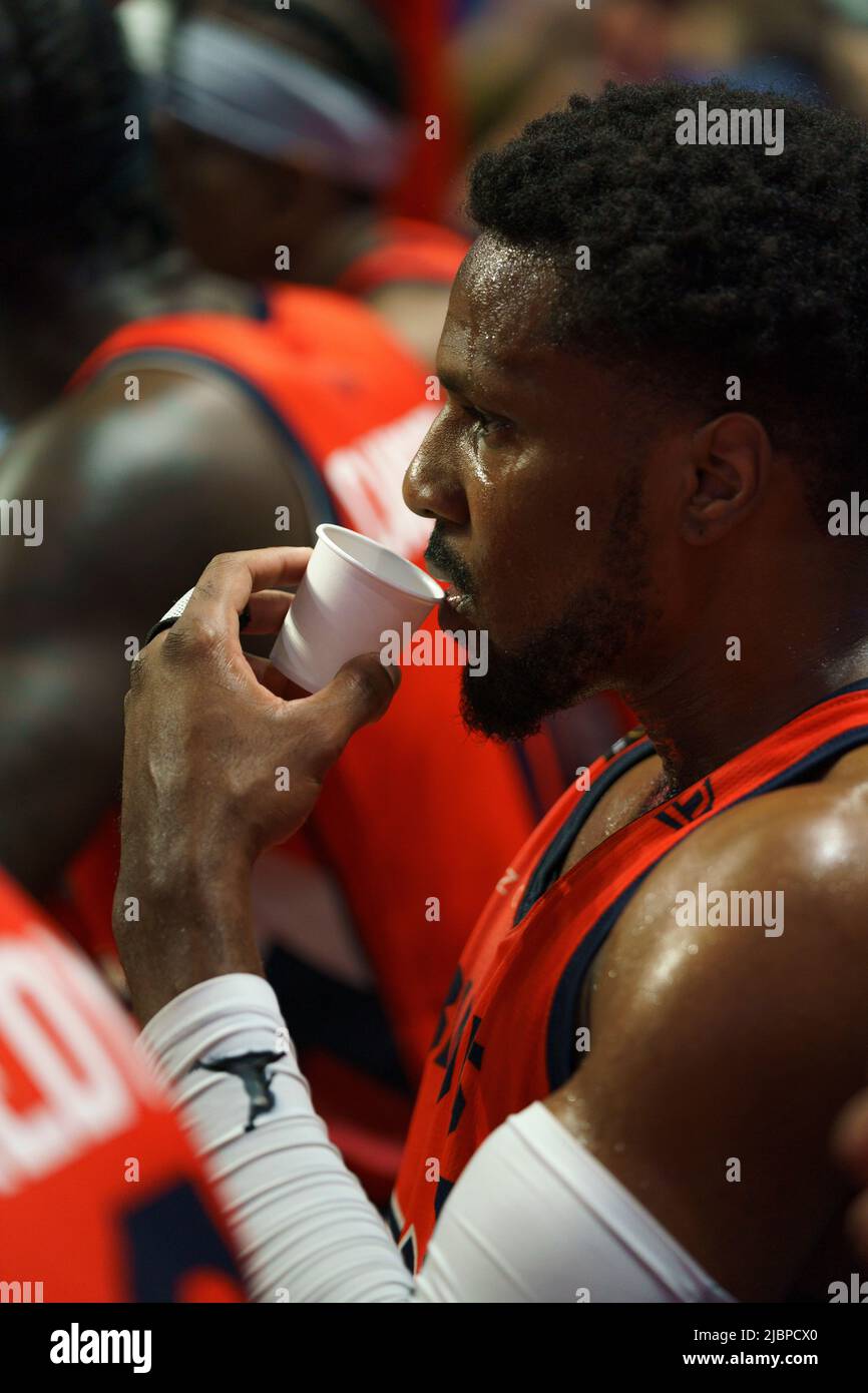 Langley, BC, Canada. 07/06/2022, Fraser Valley Bandits player takes a sip of water during timeout , in this game between the Fraser Valley Bandits and the Hamilton Honey Badgers, Tuesday, June 7, 2022, at Langley Event Centre in Langley, BC, Canada.  Photo Credit: Wesley Shaw: Shotbug /Alamy Live News Stock Photo