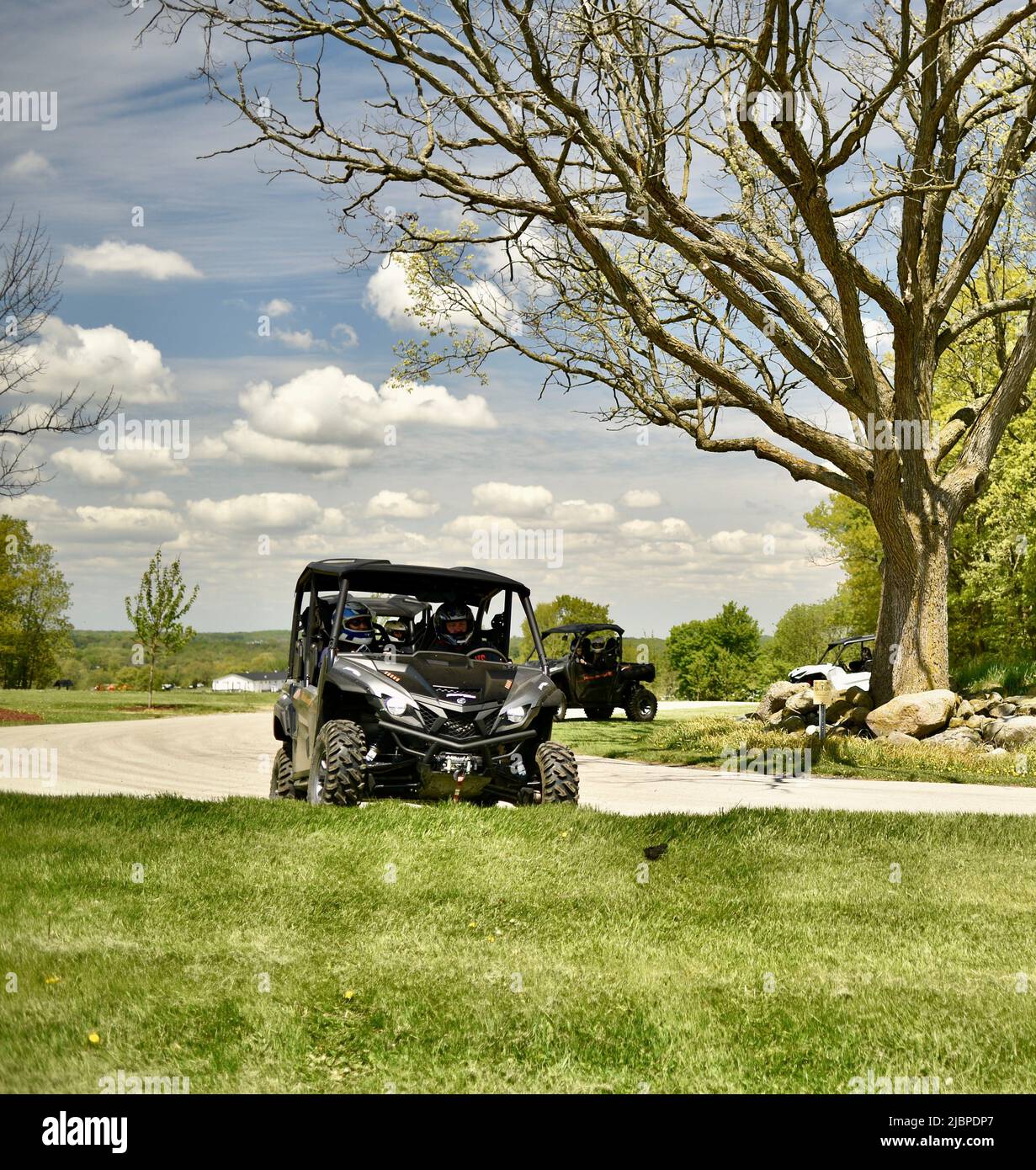 UTV (Utility Terrain Vehicles) 4x4 being driven off-road at Road America as a part of a motorized adventure experience, Elkhart Lake, Wisconsin, USA Stock Photo