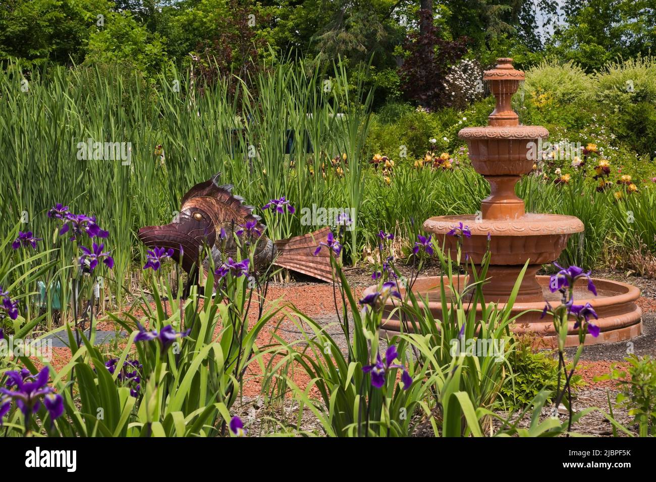Cascading terracotta water fountain at the Route des Gerbes d'Angelica garden in spring, Mirabel, Quebec, Laurentians, Canada. Stock Photo