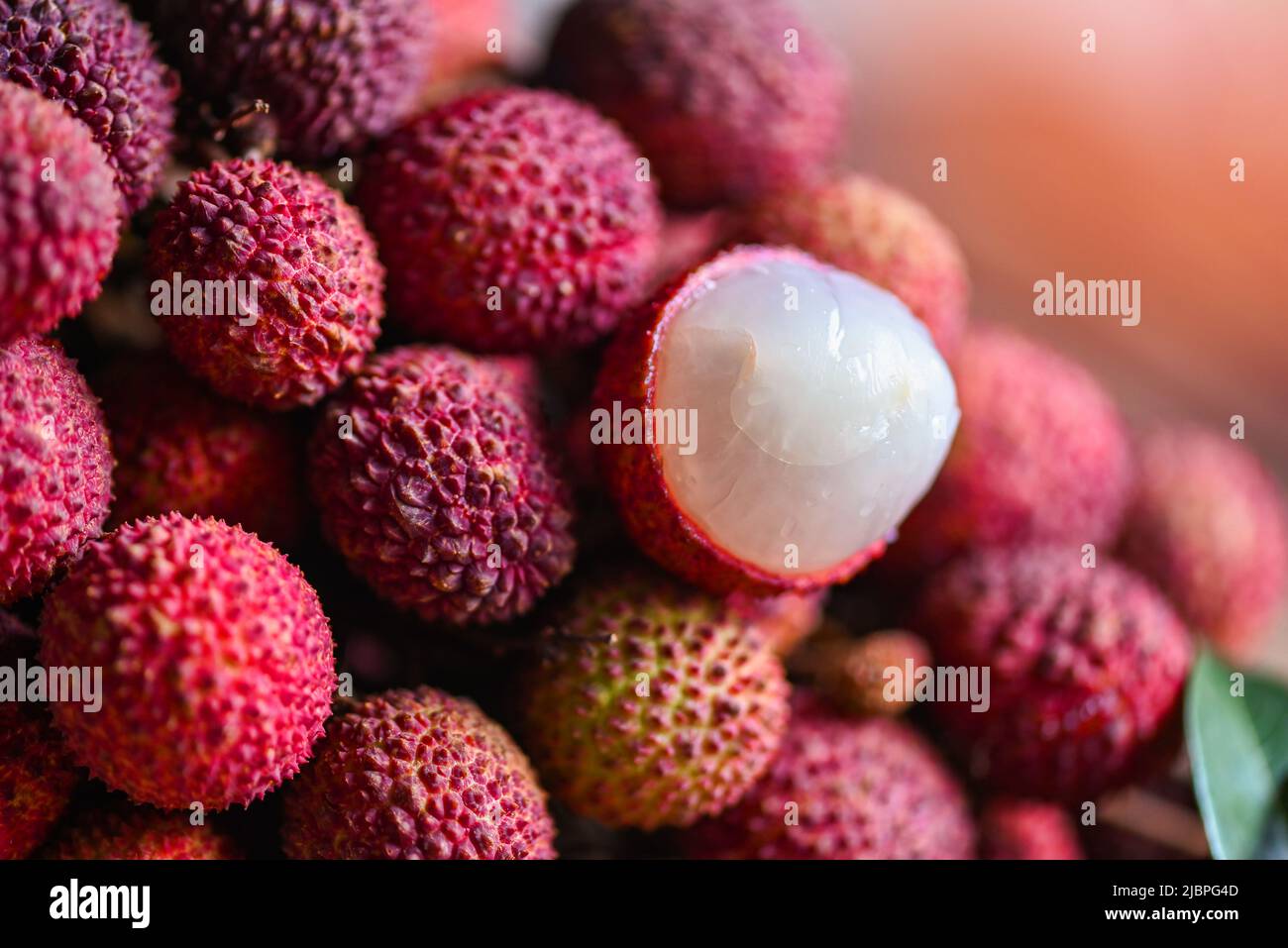 Close up lychee fruit , fresh ripe lychee peeled from lychee tree at