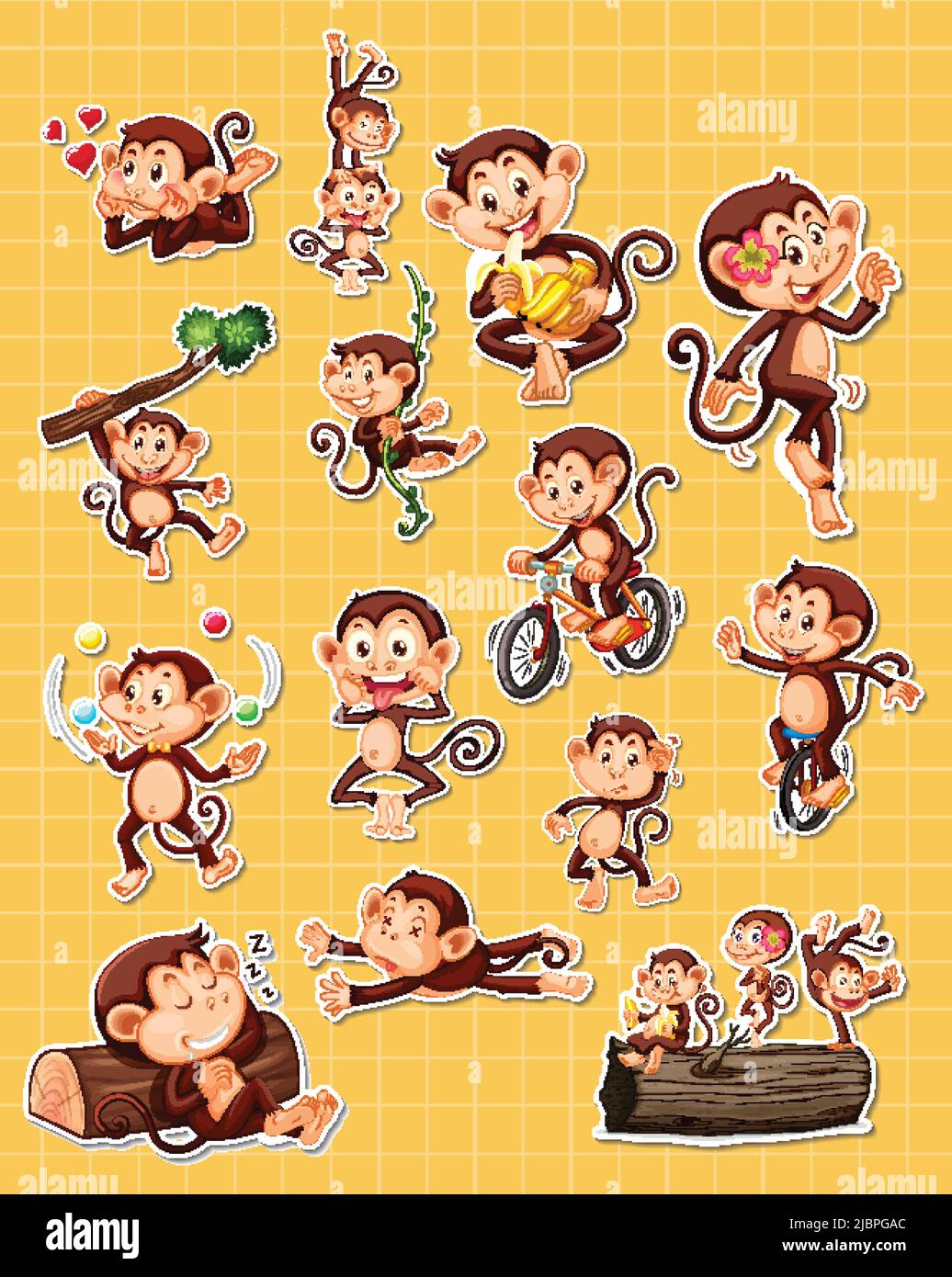 Sticker set of funny monkey cartoon characters illustration Stock
