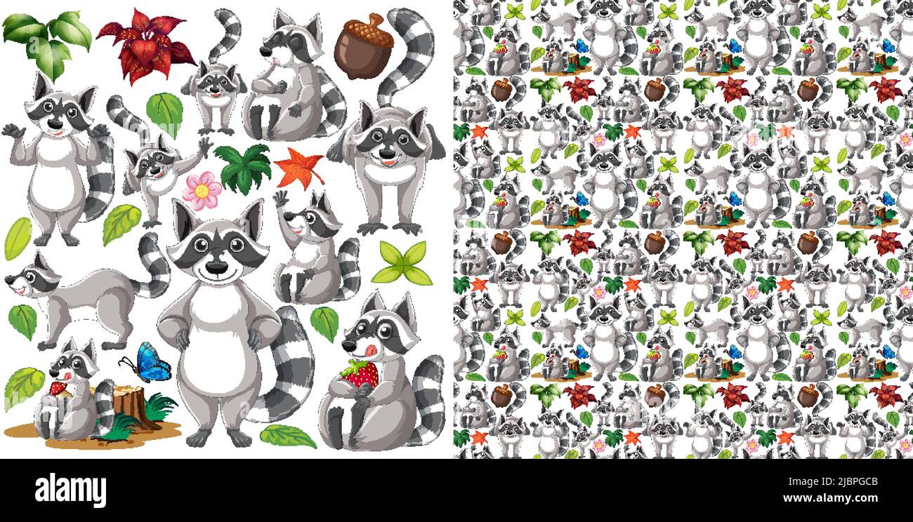 Seamless background with raccoons and leaves illustration Stock Vector ...