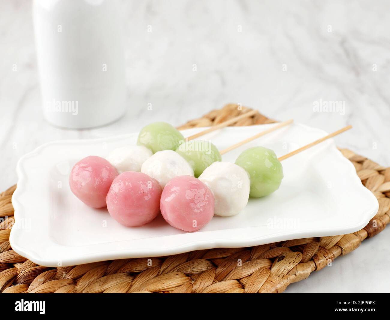 Sanshoku Dango, Japanese Three Colored Dumplings with White, Pink, and