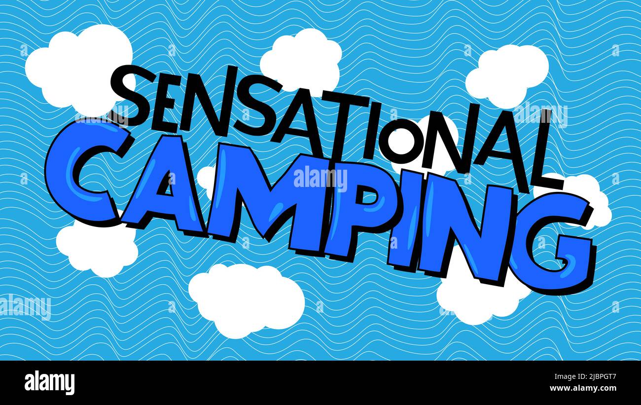 Kids Letters word Sensational Camping. Word written with Children's font in cartoon style. Stock Vector