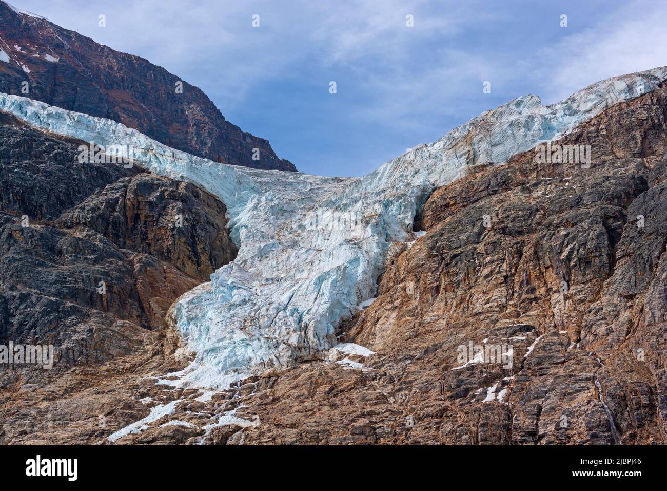 A Hanging Angel Glacier Falling Off the Mountain Slopes of Mount Edith Cavell in the Canadian Rockies in Jasper National park in Alberta Stock Photo