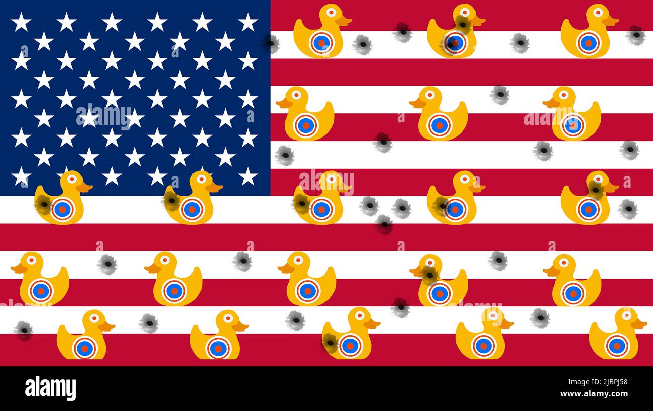Carnival shooting galley ducks are seen on a USA flag as a background in a 3-d illustration about guns in America. Stock Photo