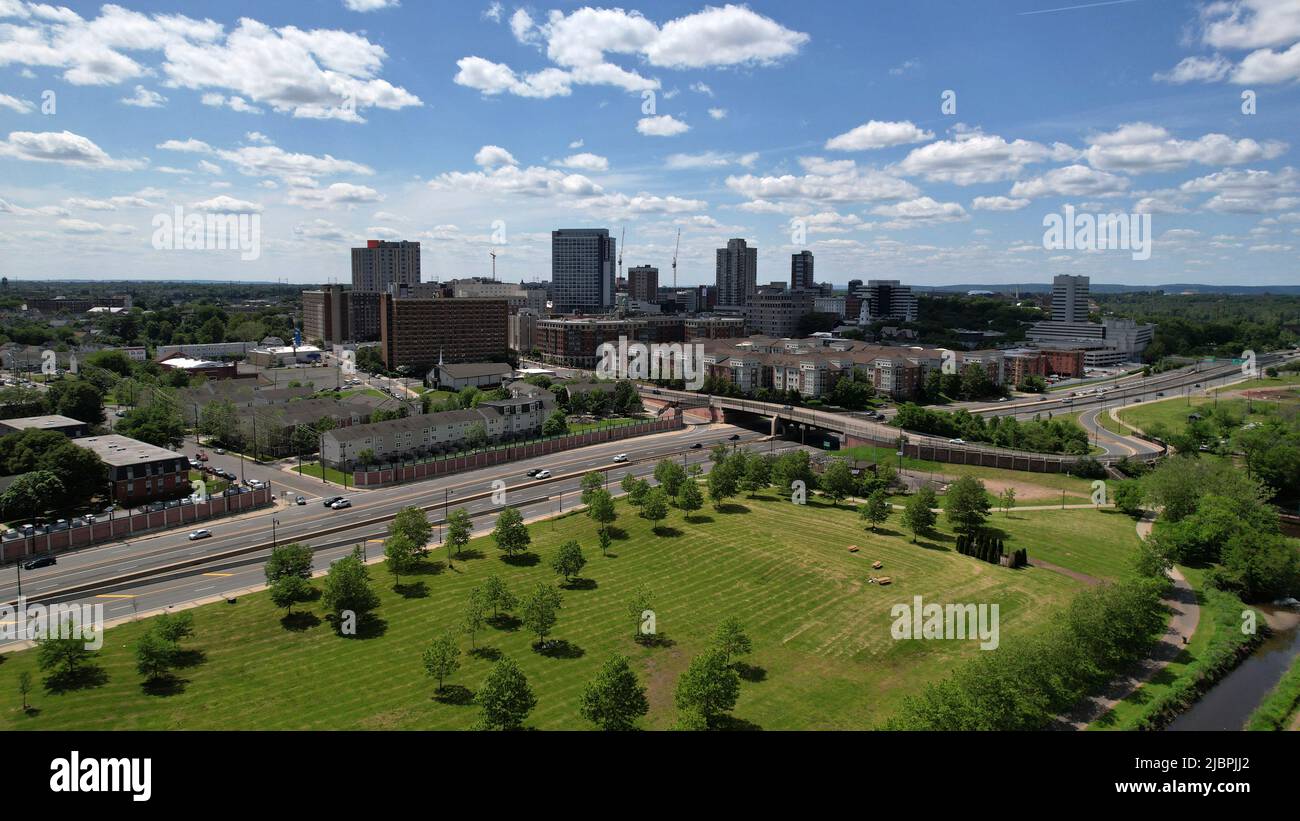 Aerial view of Boyd Park, Route 18, and New Brunswick, NJ Stock Photo