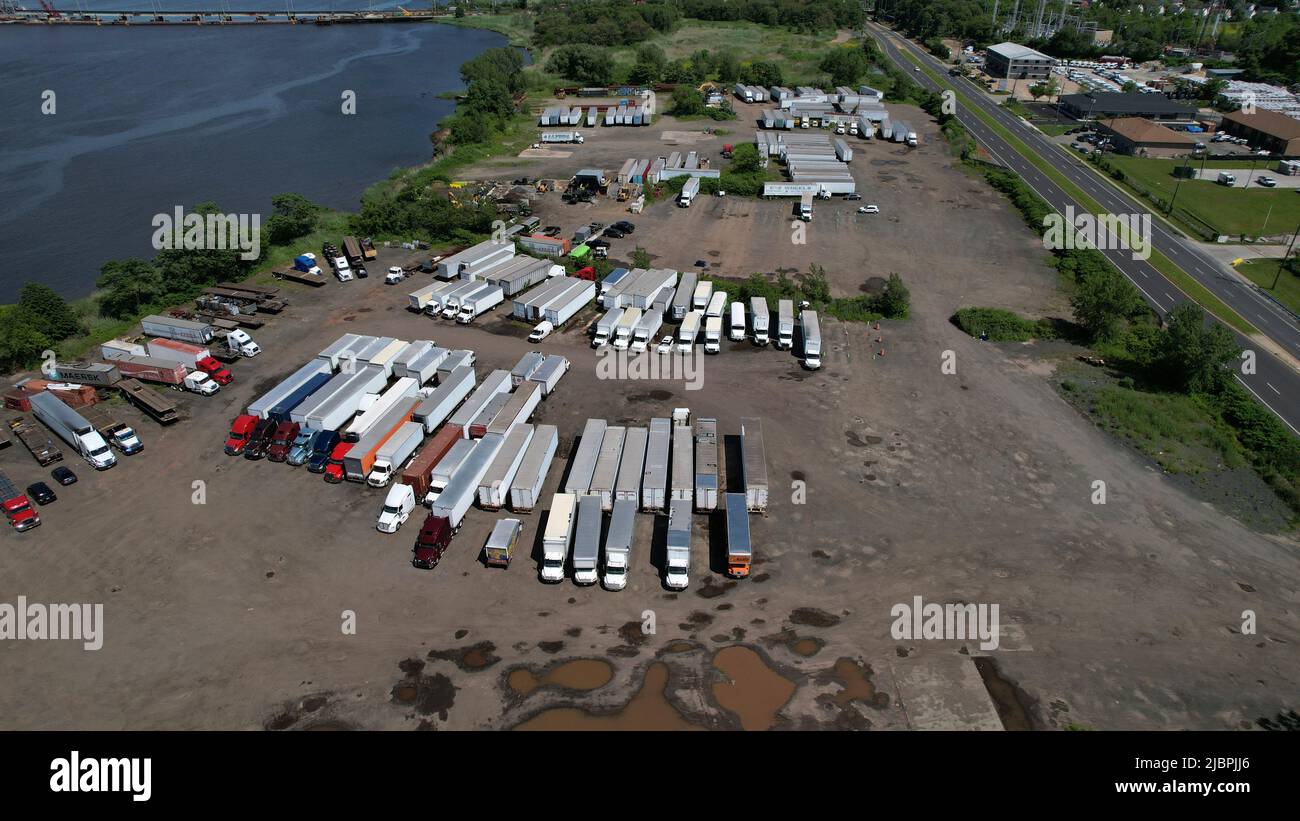 Aerial view of truck yard along the Raritan River in Perth Amboy, NJ Stock Photo