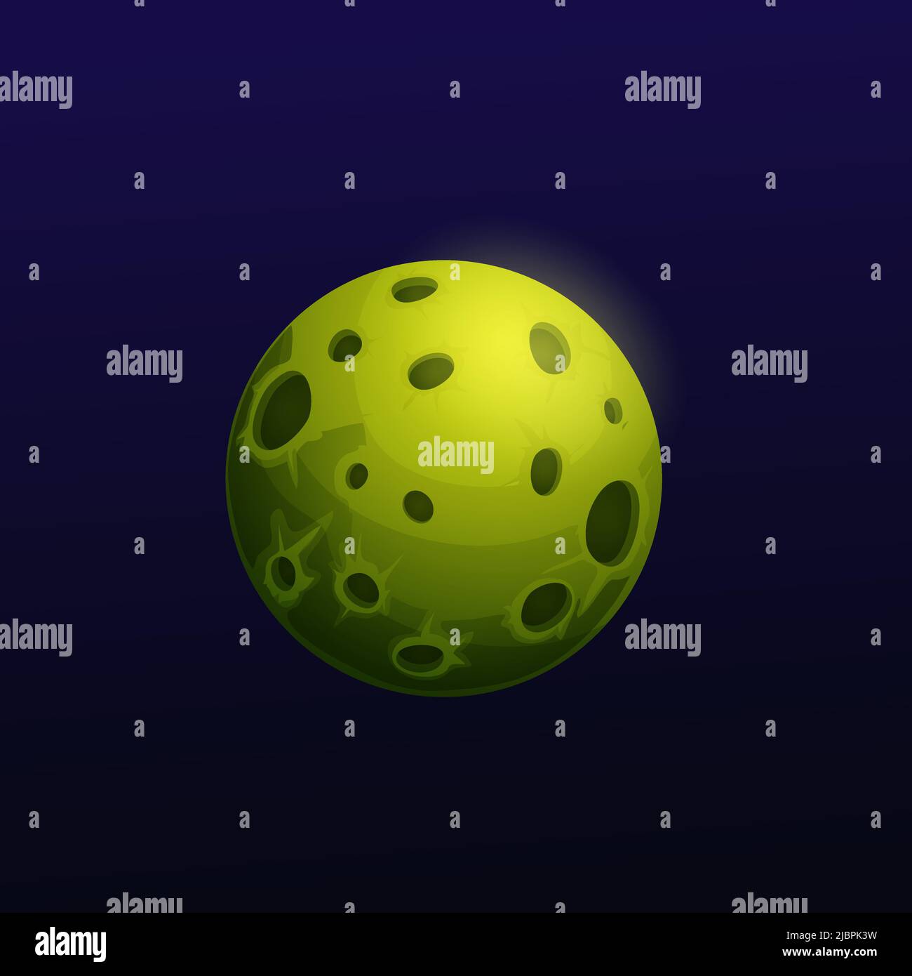 Cartoon dark green space planet with holes. Vector star of alien world universe, space game ui or gui design. Fantasy galaxy planet on dark sky background with craters and shining surface Stock Vector