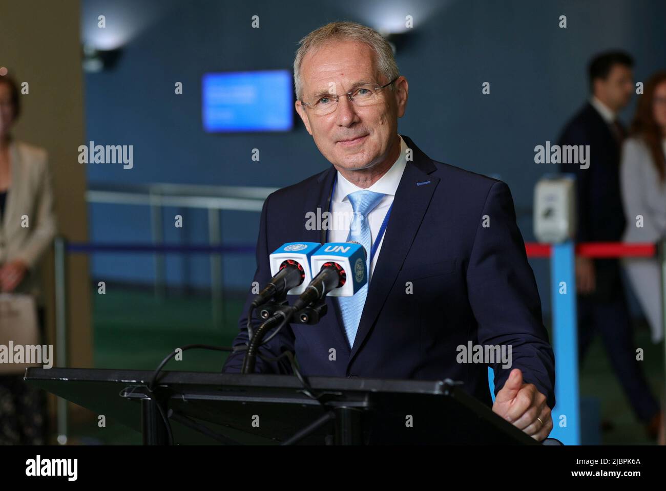 United Nations, New York, USA, June 07, 2022 - Csaba Korosi, President-elect of the seventy-seventh session of the United Nations General Assembly, briefs reporters at UN Headquarters after being elected President of 77th UN General Assembly Today at the UN Headquarters in New York City. Photo: Luiz Rampelotto/EuropaNewswire PHOTO CREDIT MANDATORY. Stock Photo