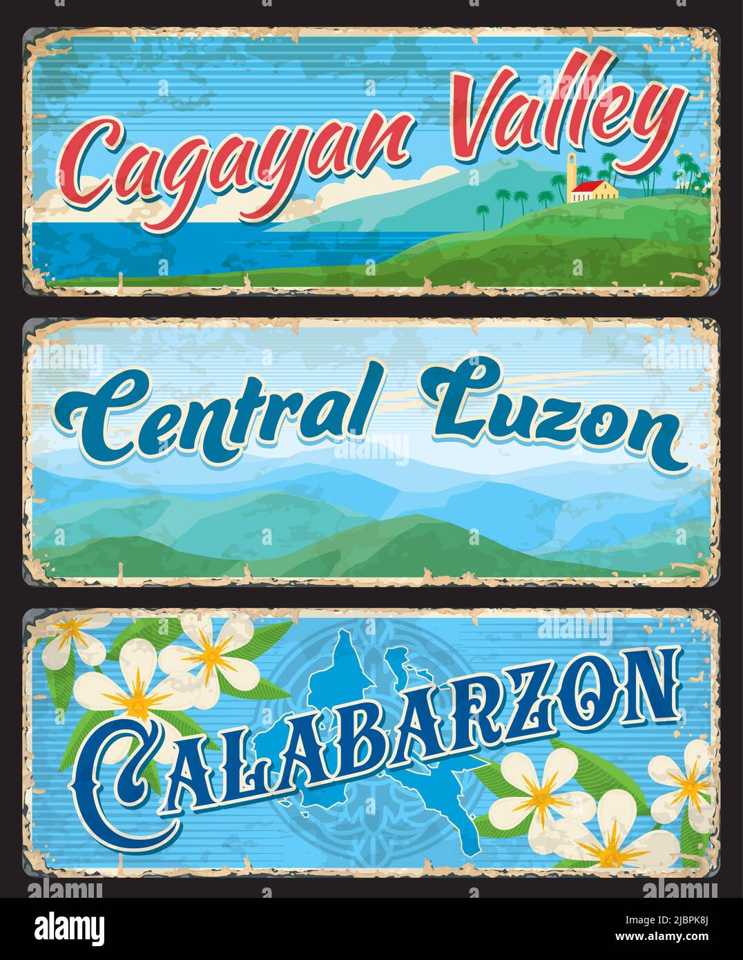 Central Luzon, Calabarzon and Cagayan Valley, provinces of Philippines, vector travel plates and stickers. Philippines provinces and regions tin signs or tourism luggage tags with landmarks Stock Vector