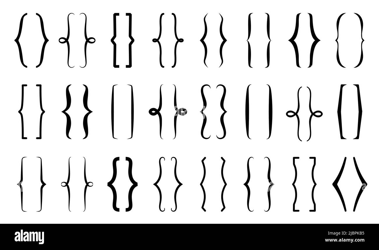 Parenthesis text brackets, curly round and square elegant frames, vector. Parenthesis line borders, vintage doodle design of boarders and frame dividers, typography curly decoration symbols Stock Vector