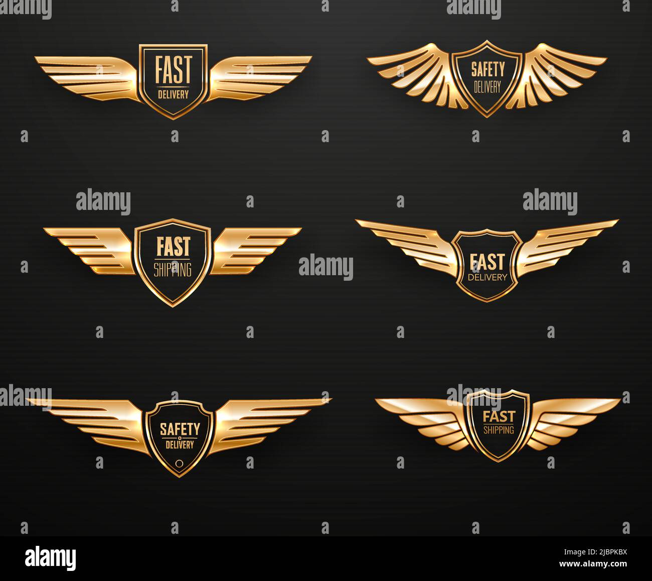 Fast shipping and safety delivery golden eagle wings, vector heraldic shields. Delivery service express shipping and courier or cargo logistics company emblems of speed wings on gold chevron shield Stock Vector