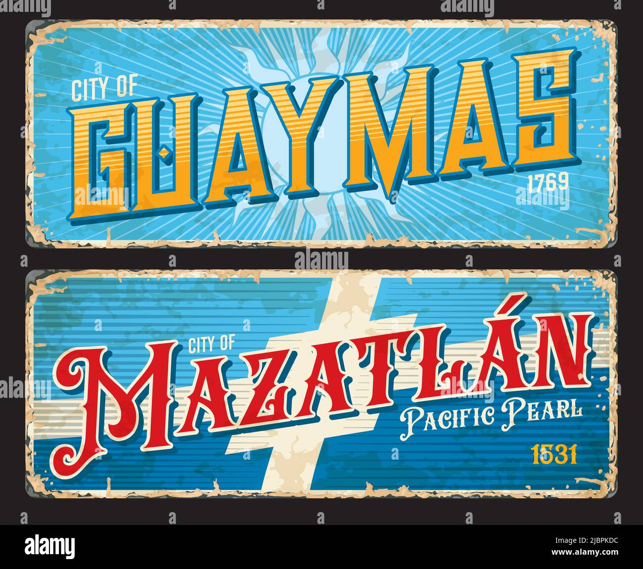 Guaymas, Mazatlan Mexican city travel stickers and plates, vector luggage tags. Mexico states tin signs with city landmarks, flags and emblems or taline slogans on metal grunge plate signs Stock Vector