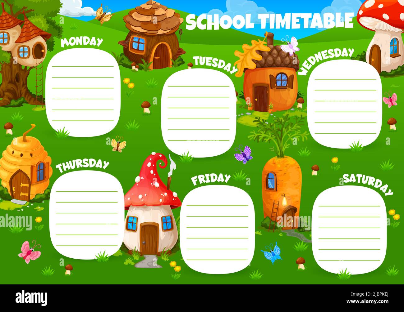 School timetable schedule cartoon elf village with fairy houses. Vector timetable template with pine cone, acorn, mushroom, beehive and carrot fantasy dwellings on green meadow, lessons planner frame Stock Vector