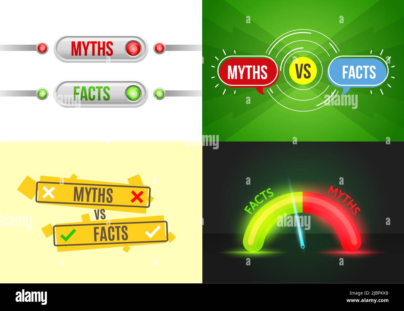 Myths vs facts, truth, false or true, fiction fake and reality, vector