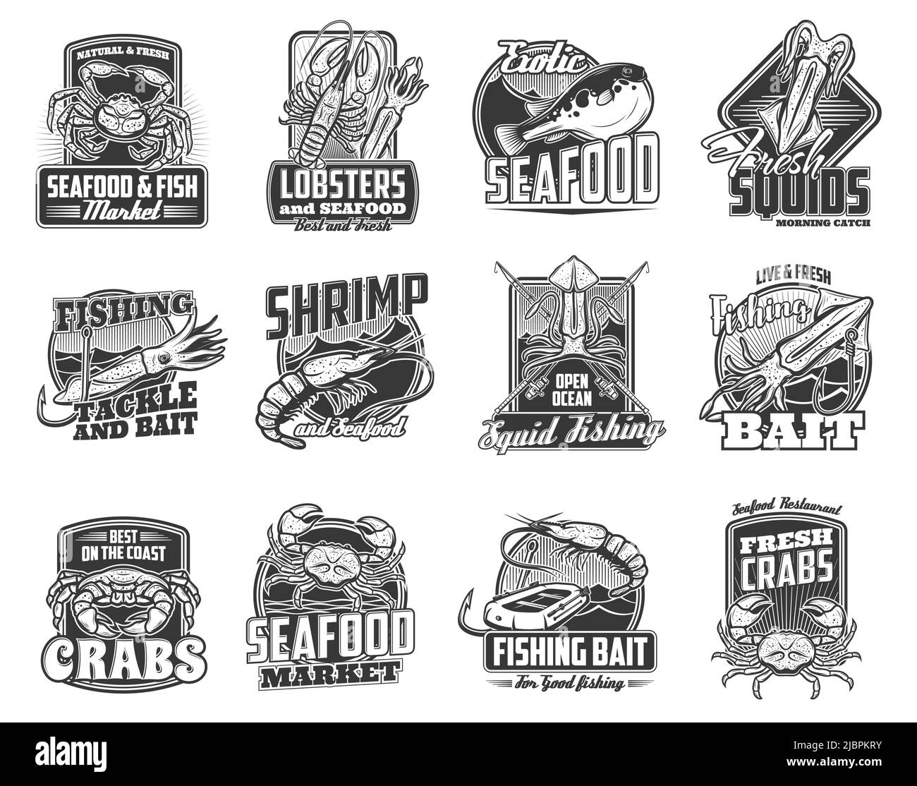 Fishing icons, fish catch tournament vector emblems, seafood market vector sign. Sea and ocean fishery tours, tackles and baits for lobster, squid or crab and shrimps, fisher catch equipment and rods Stock Vector