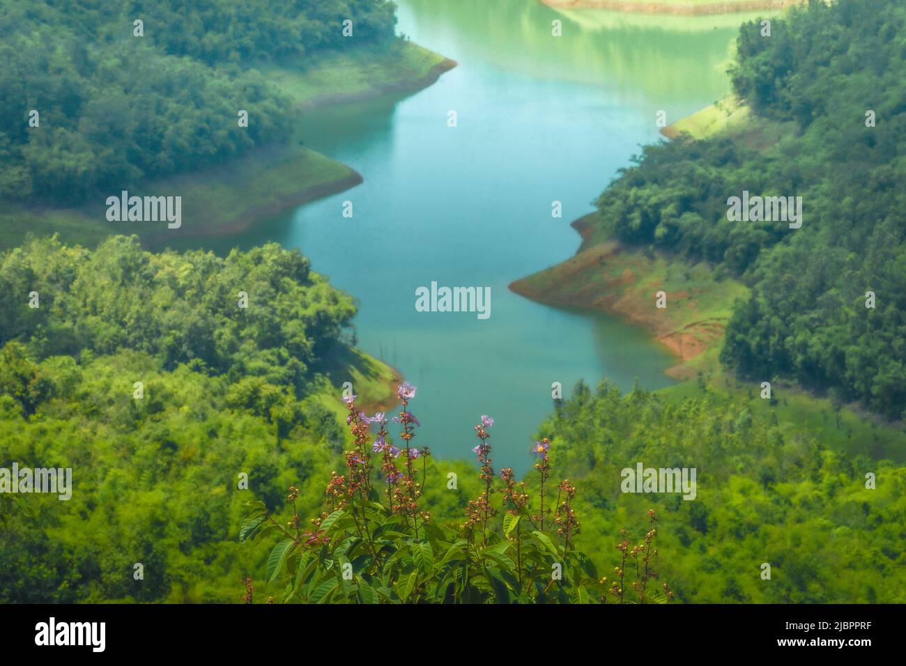 Morning at the Ta Dung lake or Dong Nai 3 lake with green hills and mountains. The reservoir for power generation by hydropower in Dac Nong ( Dak Nong Stock Photo