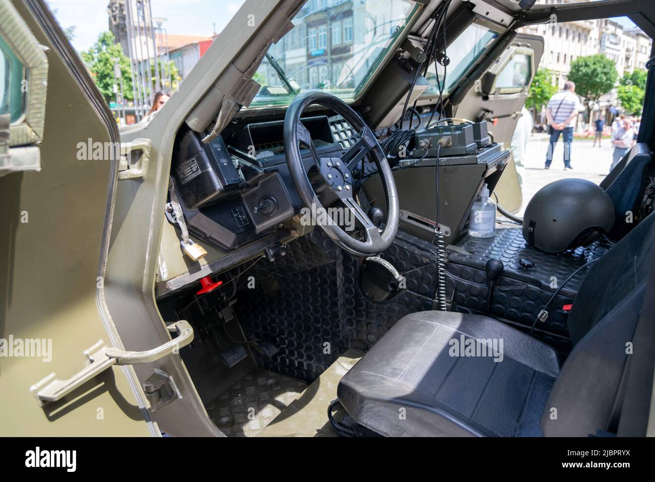 Urban war scenario, military equipment inside a combat vehicle. NATO military forces. Panhard M11D 4x4 M/89-91. Light armored vehicles. Stock Photo