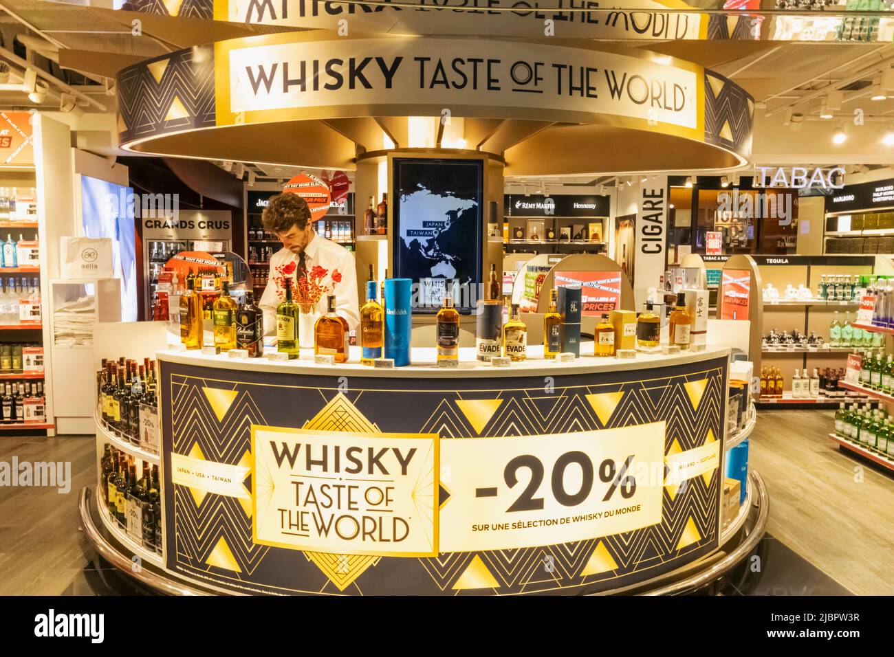 France, French Riviera, Cote d'Azur, Nice, Nice Cote d'Azur Airport, Duty Free Shop Promoting Whisky from Around the World Stock Photo