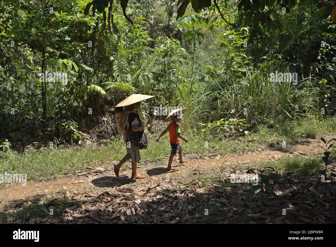 A woman and a child wearing conical hats as they are walking on rural pathway in Nanga Raun village, Kalis, Kapuas Hulu, West Kalimantan, Indonesia. Stock Photo