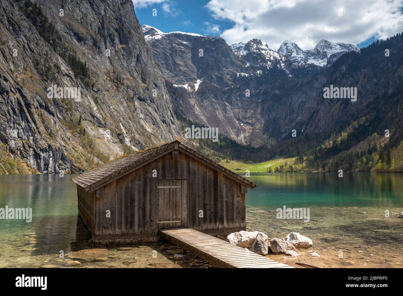 Boathouse at lake Obersee near lake Koenigssee in Berchtesgaden national park, Bavaria, Germany Stock Photo