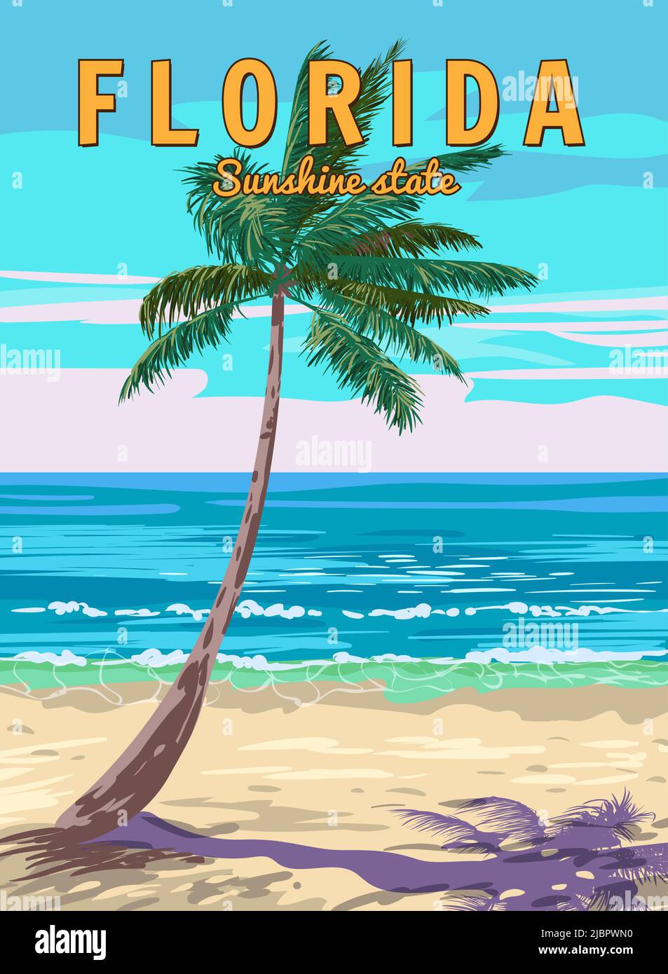 Florida Beach Retro Poster. Palm on the beach, coast, surf, ocean