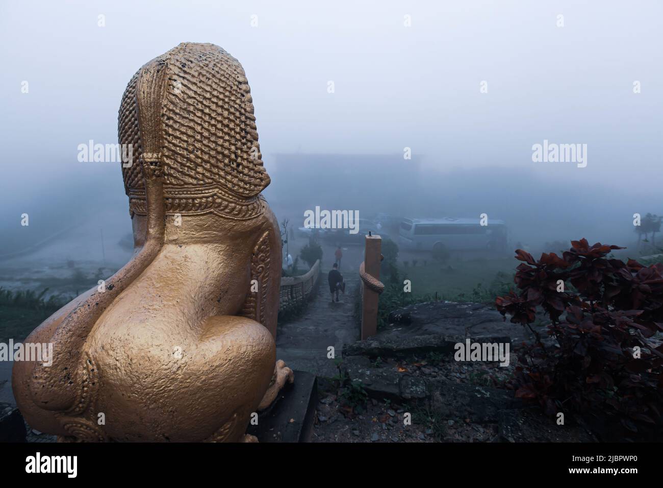 The giant statue of Singha Khmer in fog at Wat Sampov Pram, the Buddhist temple was built in 1924. Damrei Mountains, Kampot, Cambodia. Stock Photo