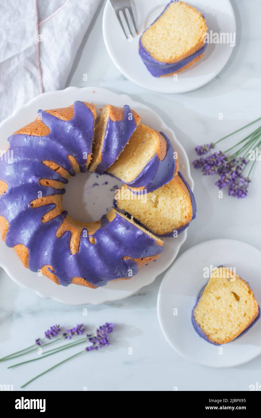 sweet home made lavender lemon sponge cake Stock Photo