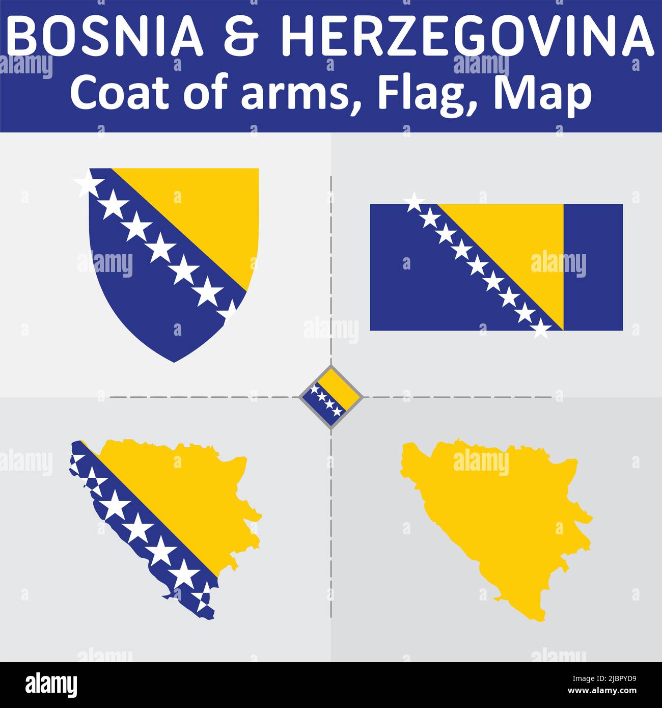 Bosnia & Herzegovina Coat of Arms, Flag and Map Stock Vector