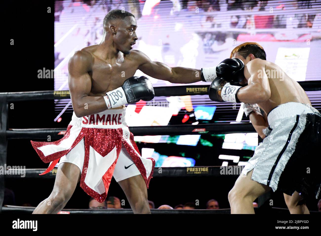 Paris, France, June 7, 2022. Bakary Samake boxing at the Boxe Gala  "Prestige Fight" held at the Westin Vendome, in Paris, France, on June 7,  2022. Photo by Jana Call me J/ABACAPRESS.COM