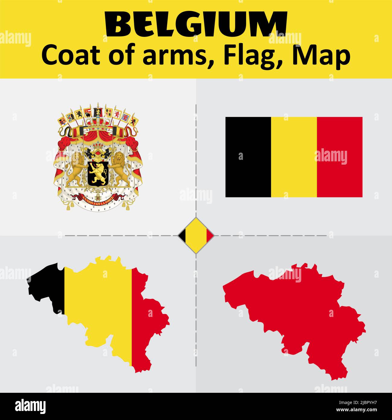 Belgium Coat of Arms, Flag and Map Stock Vector