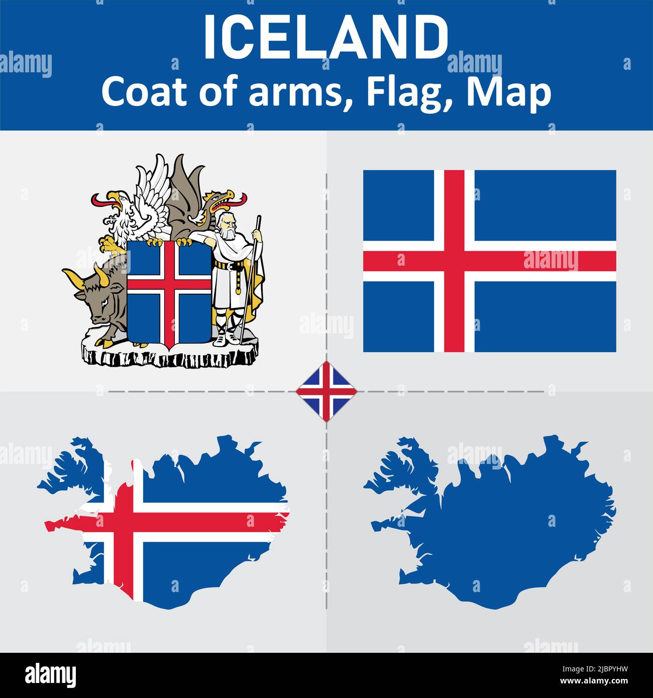 Iceland Coat of Arms, Flag and Map Stock Vector