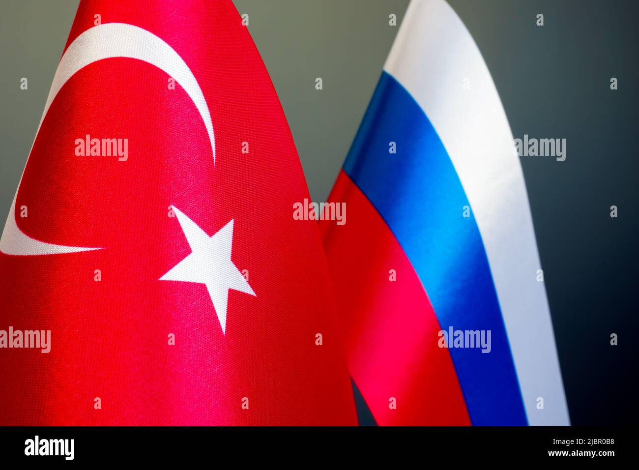 Small flags of Turkey and Russia as a symbol of diplomacy. Stock Photo