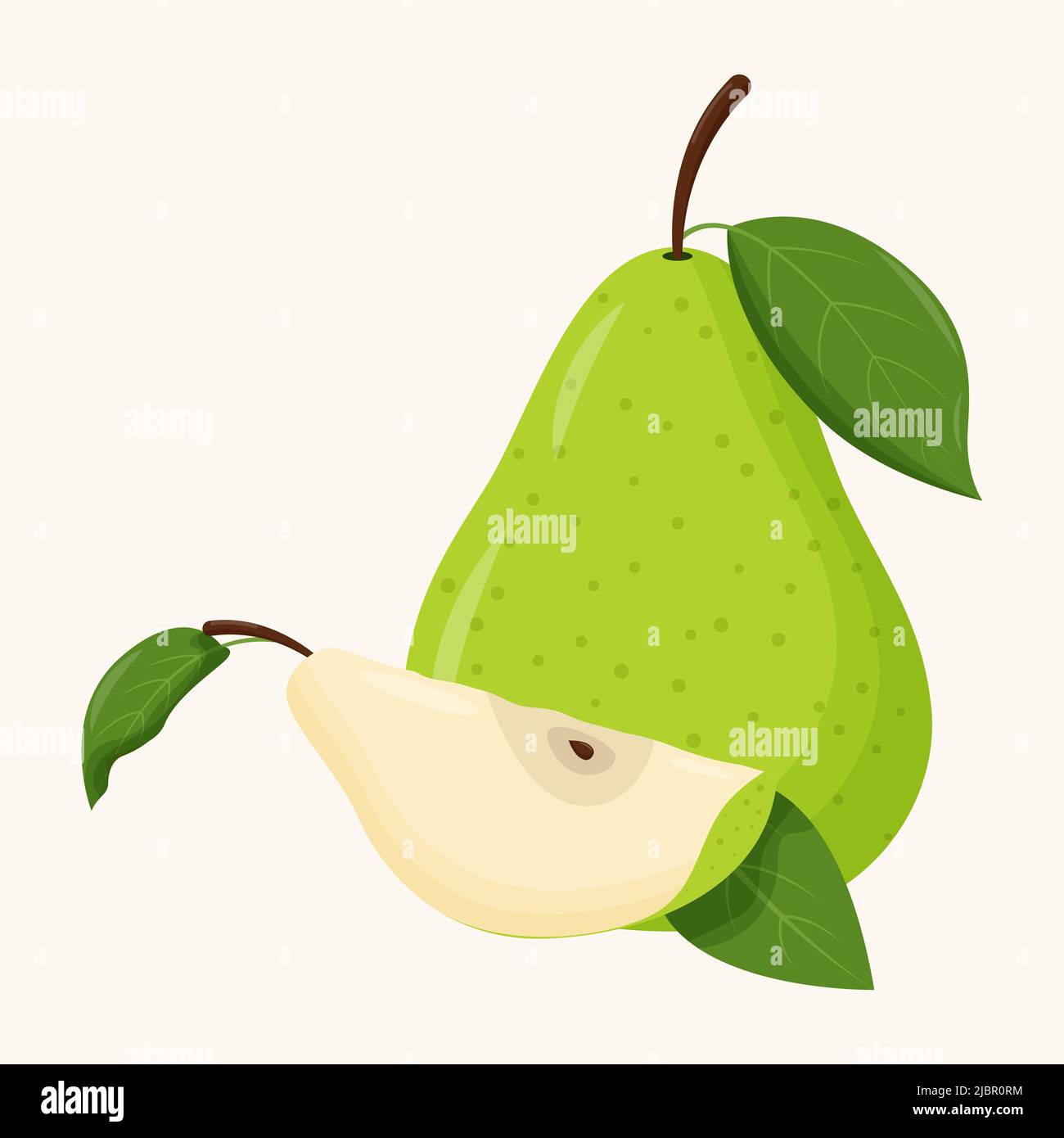 Whole green pear with green leaf isolated on white background. Flat ...