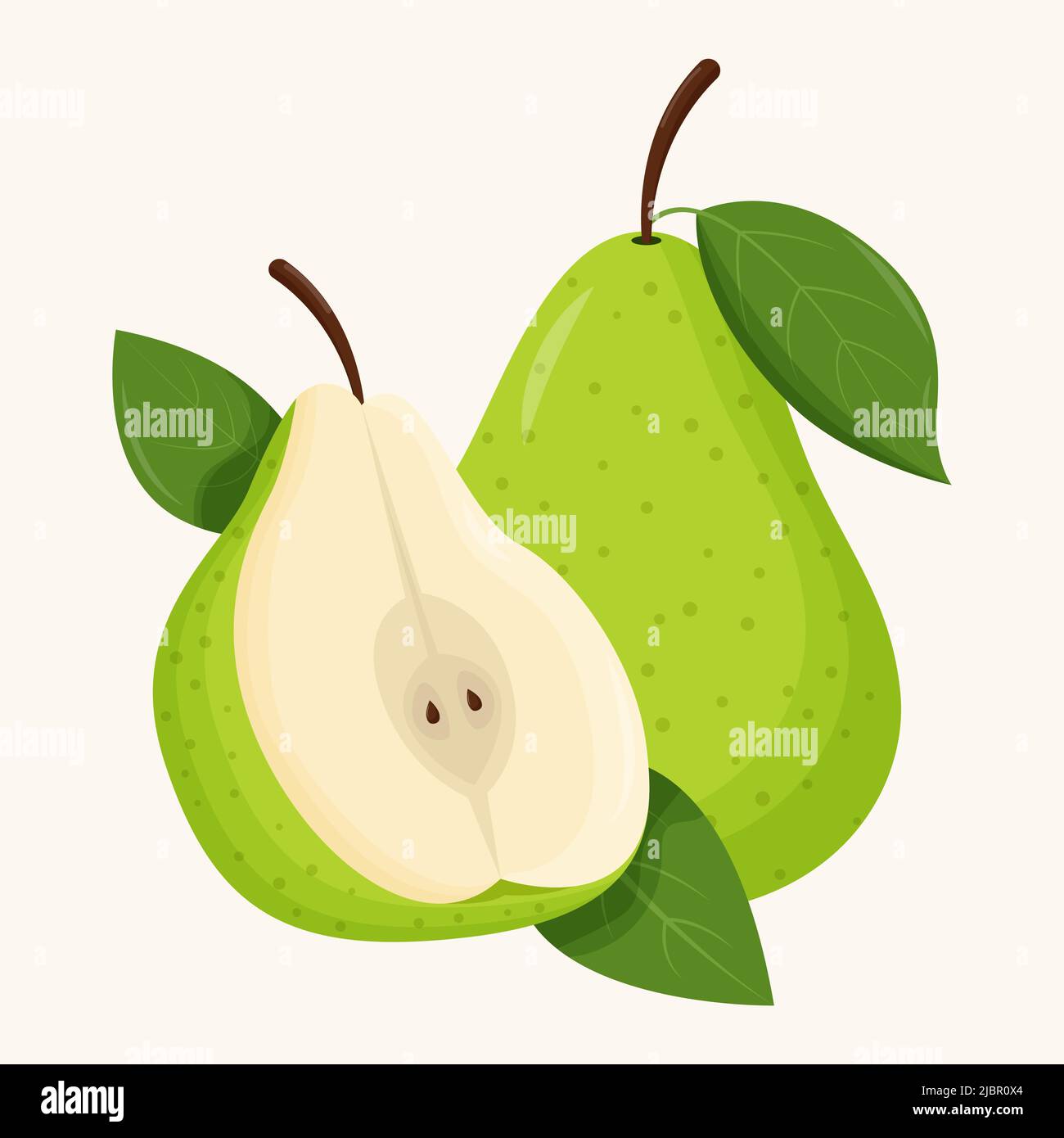 Whole green pear with green leaf isolated on white background. Flat ...