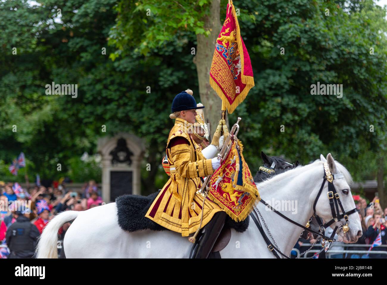 For Queen and Country military section at the Queen's Platinum Jubilee Pageant parade in The Mall, London, UK. Mounted Band of the Household Cavalry Stock Photo