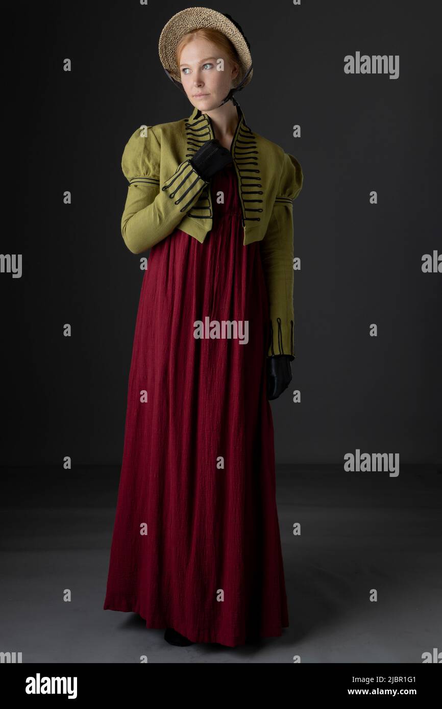 chinese dress ladies Regency woman wearing a green shot silk dress and green linen spencer –  Servian Stock Images main image 1