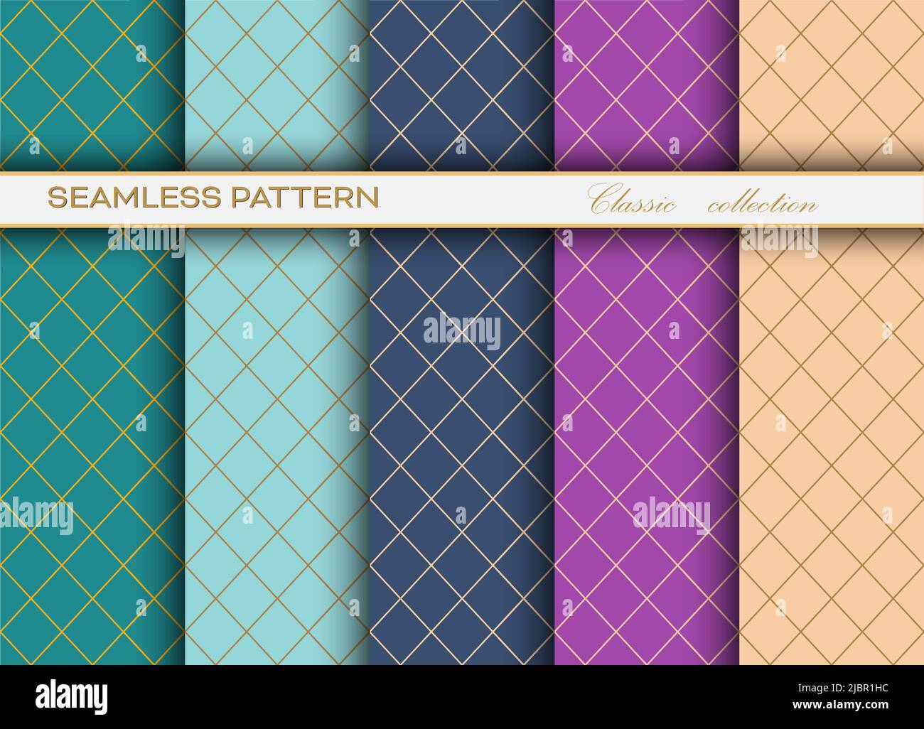 set of classic seamless decorative patterns with a golden openwork grid