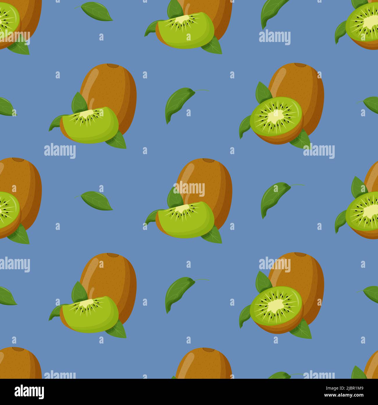 Kiwi with green leaves seamless pattern. Flat vector illustration. Stock Vector