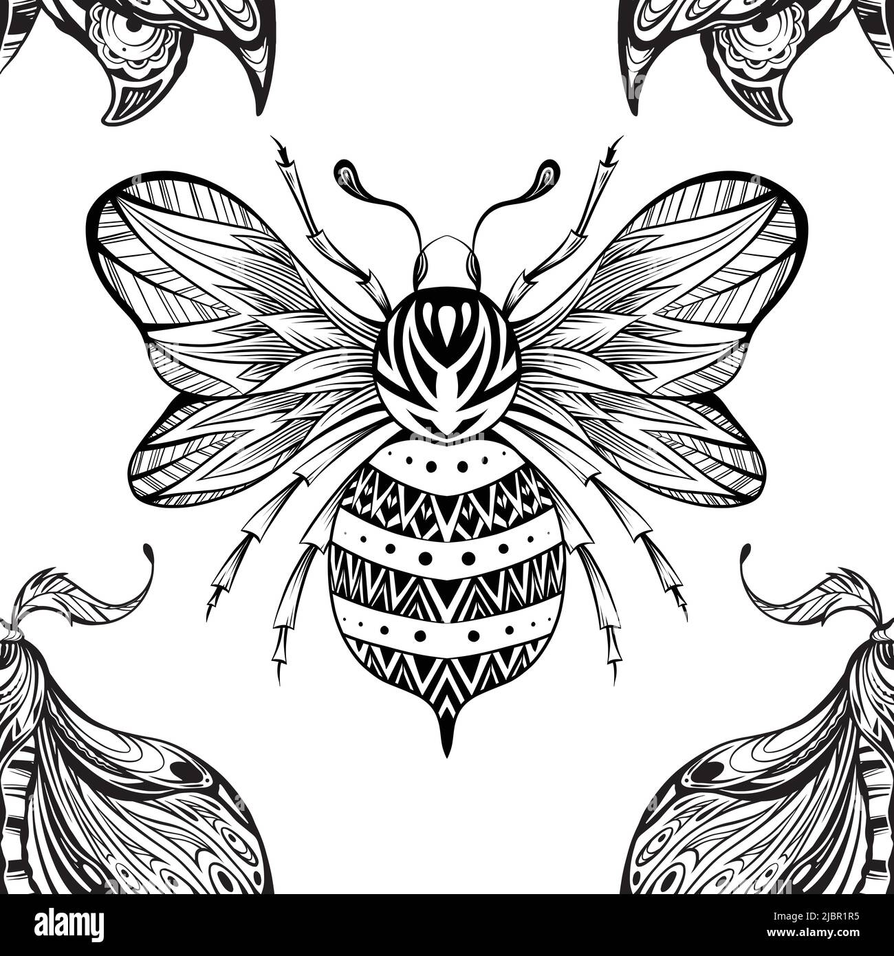 Vector seamless pattern with drawing bee and moth with boho decoration ...